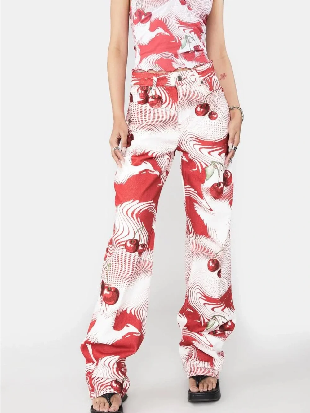 Jaded London Red Cherry Print Slouchy Boyfriend Jeans- NWT